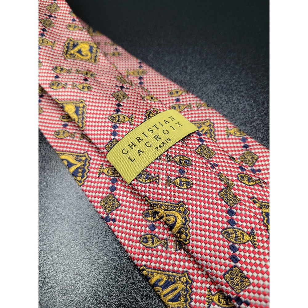 Christian Lacroix Men's Necktie Red Fish Crest Silk 3.75 x 58 Excellent